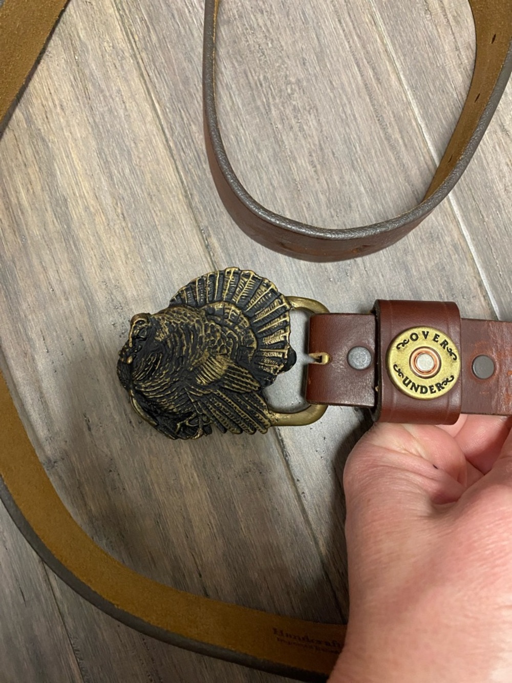 Over Under Brass Turkey Belt Buckle with Hook N Hide Leather Belt Size 38